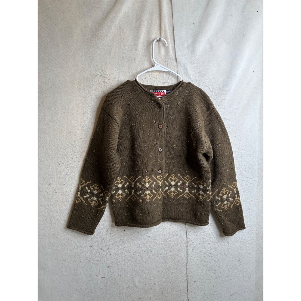 Mac & Jac Petite Brown Lambswool Mohair Fair Isle Knit Cardigan Sweater Small